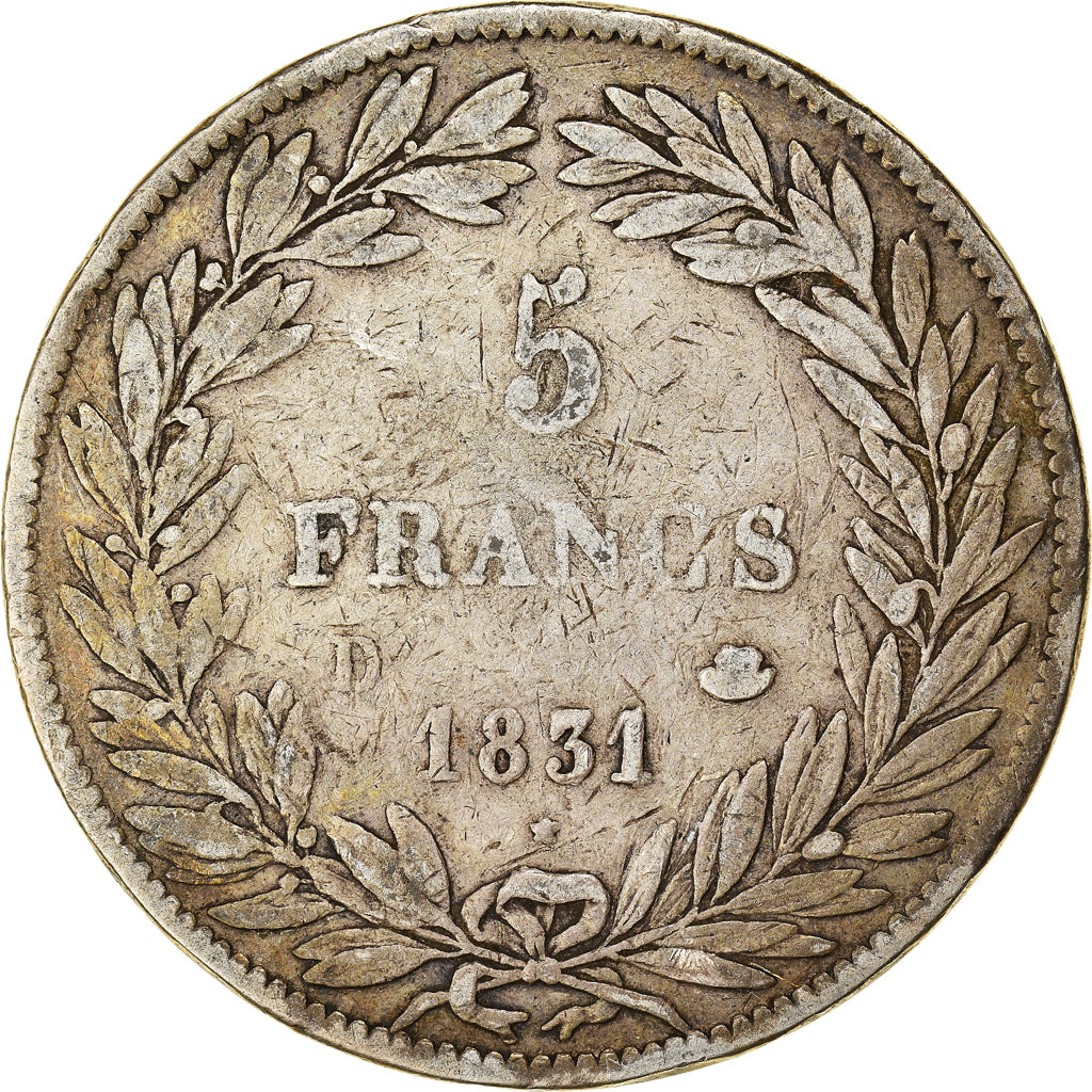 Coin, France, Louis-Philippe, 5 Francs, 1831, Lyon, VF(20-25), Silver, KM:735.4