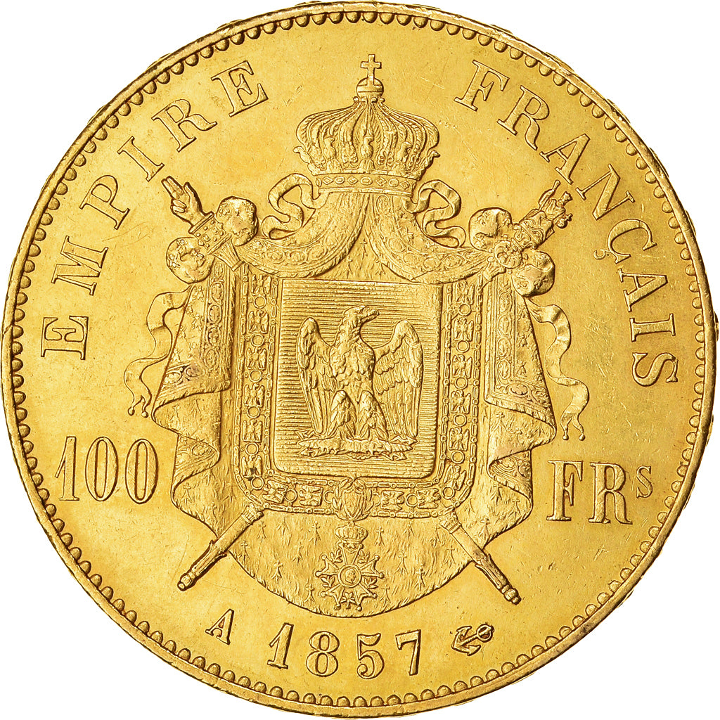 Moeda, França, Napoleon III, 100 Francs, 1857, Paris, AU(50-53), Dourado