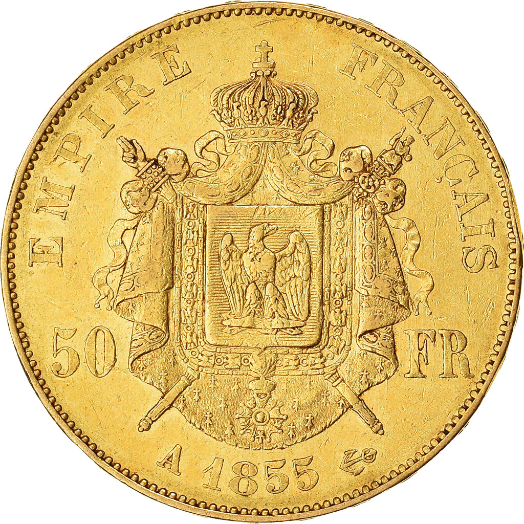 Moneda, Francia, Napoleon III, 50 Francs, 1855, Paris, MBC, Oro, KM:785.1