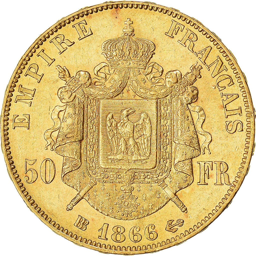 Moneda, Francia, Napoleon III, 50 Francs, 1866, Strasbourg, EBC, Oro