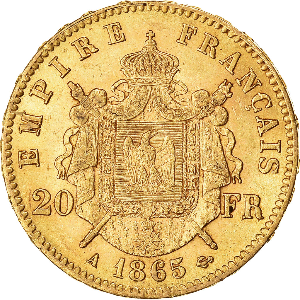 Moneda, Francia, Napoleon III, 20 Francs, 1865, Paris, MBC+, Oro, KM:801.1