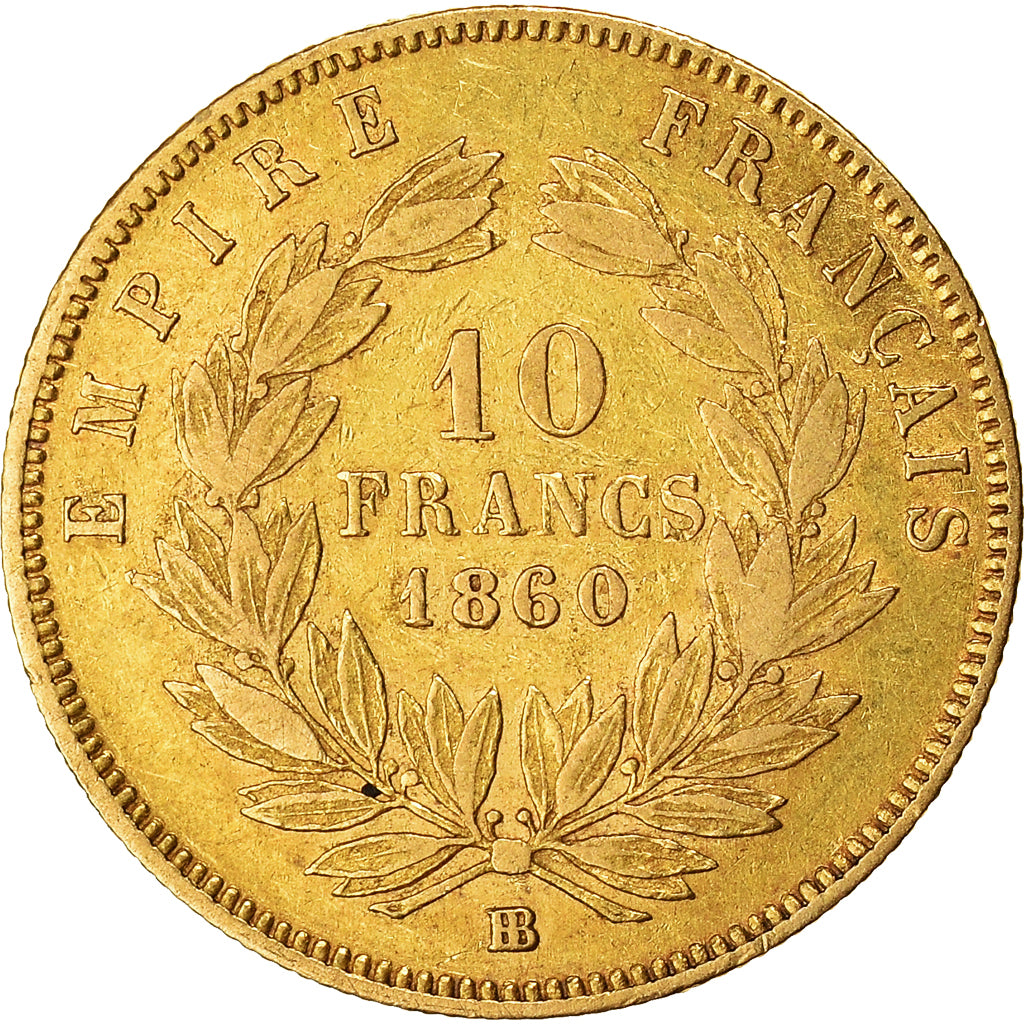 Moneda, Francia, Napoleon III, 10 Francs, 1860, Strasbourg, BC+, Oro, KM:784.4