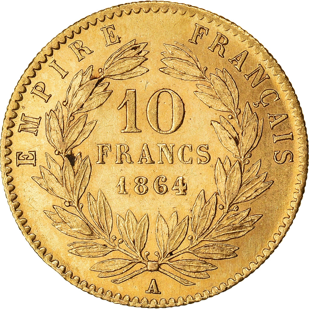 Moeda, França, Napoleon III, 10 Francs, 1864, Paris, AU(55-58), Dourado