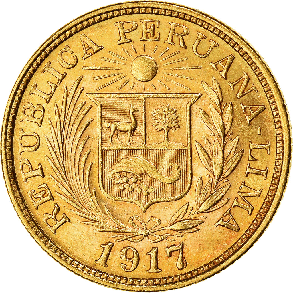 Moneda, Perú, Libra, Pound, 1917, Lima, EBC+, Oro, KM:207