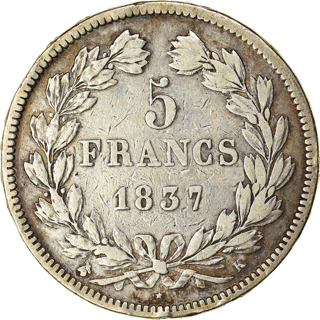 Moneta, Francia, Louis-Philippe, 5 Francs, 1837, Bordeaux, MB, Argento