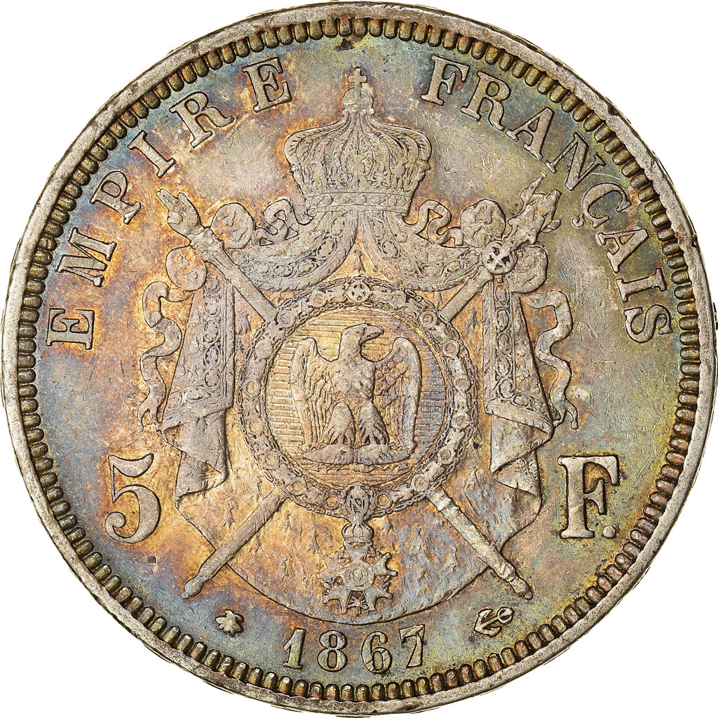 Moeda, França, Napoleon III, 5 Francs, 1867, Paris, AU(50-53), Prata, KM:799.1