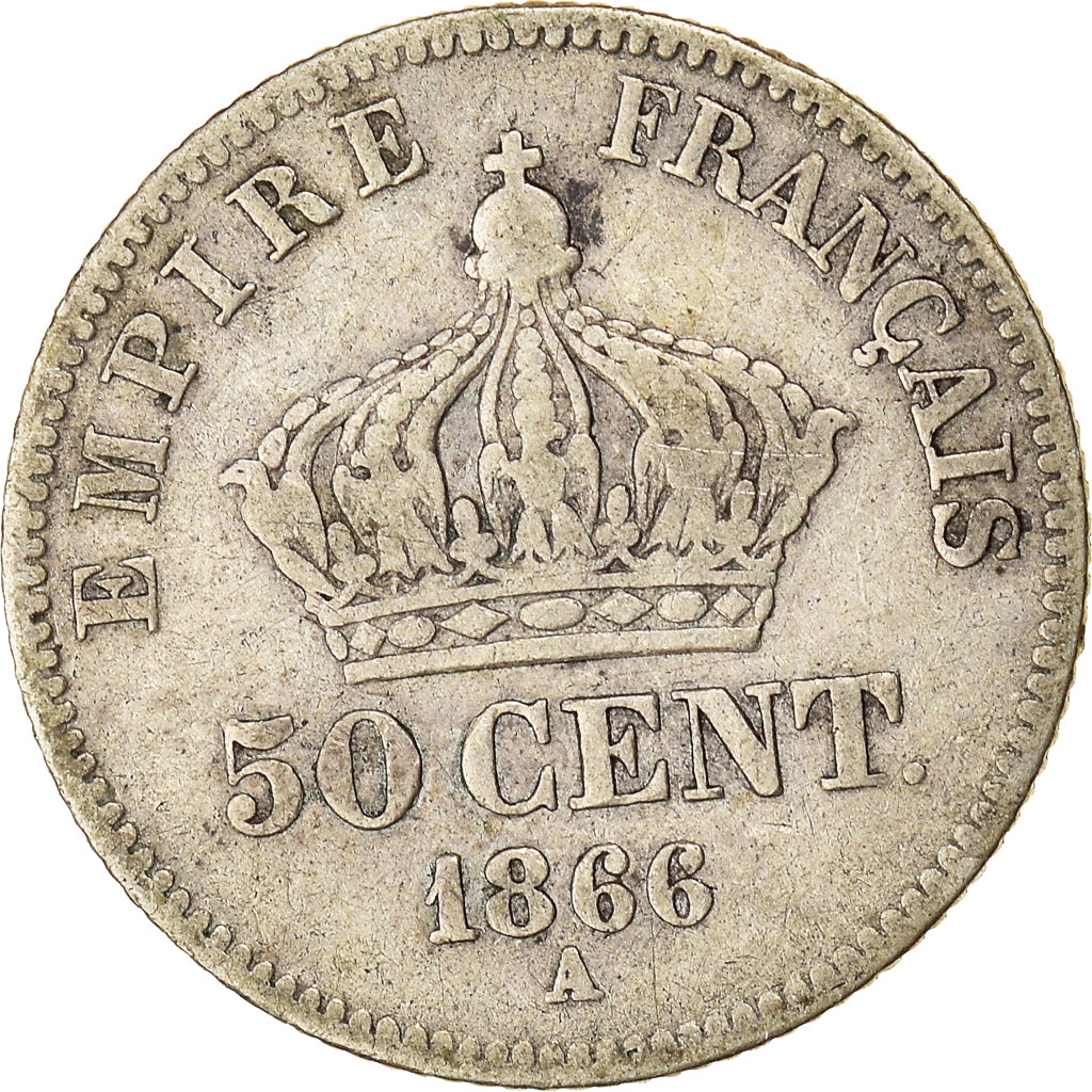 Moeda, França, Napoleon III, 50 Centimes, 1866, Paris, VF(20-25), Prata