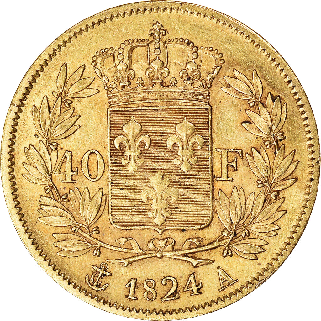 Moneta, Francia, Louis XVIII, 40 Francs, 1824, Paris, BB, Oro, KM:713.1