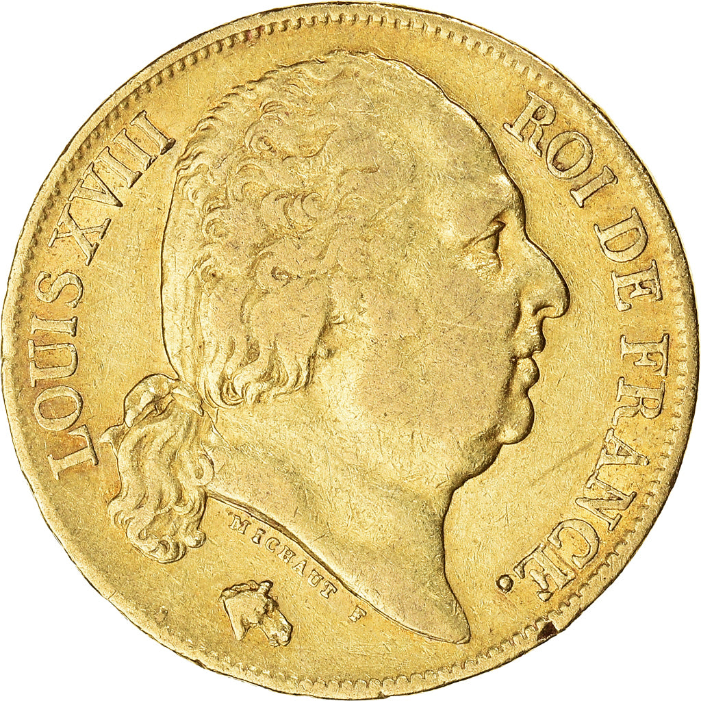 Coin, France, Louis XVIII, 20 Francs, 1818, Paris, VF(30-35), Gold, KM:712.1