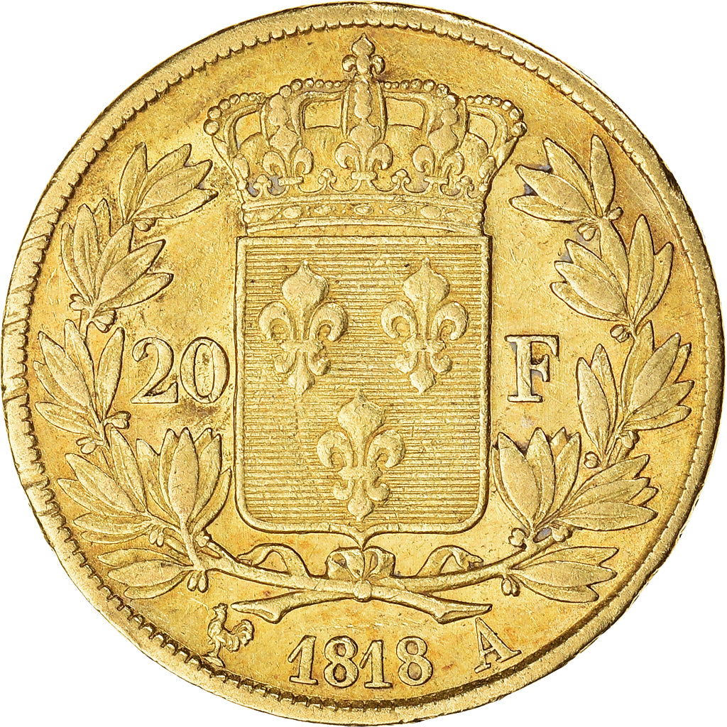 Coin, France, Louis XVIII, 20 Francs, 1818, Paris, VF(30-35), Gold, KM:712.1