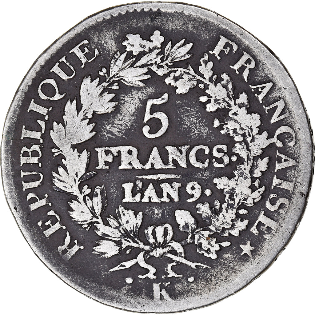 Coin, France, Union et Force, 5 Francs, AN 9, Bordeaux, VF(20-25), Silver