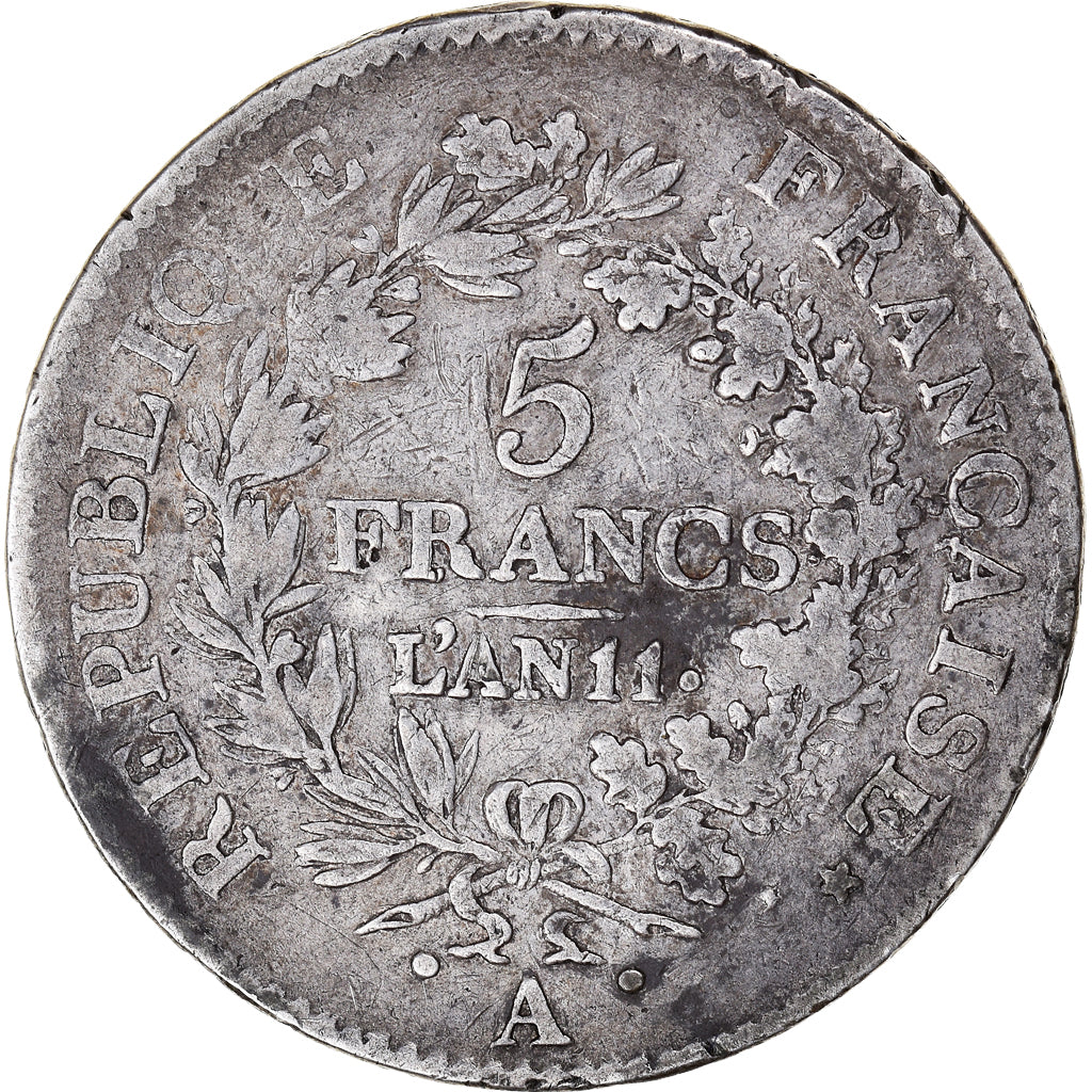 Moneta, Francia, Union et Force, 5 Francs, AN 11, Paris, MB+, Argento, KM:639.1