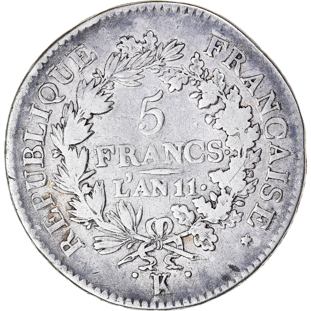 Coin, France, Union et Force, 5 Francs, AN 11, Bordeaux, VF(20-25), Silver