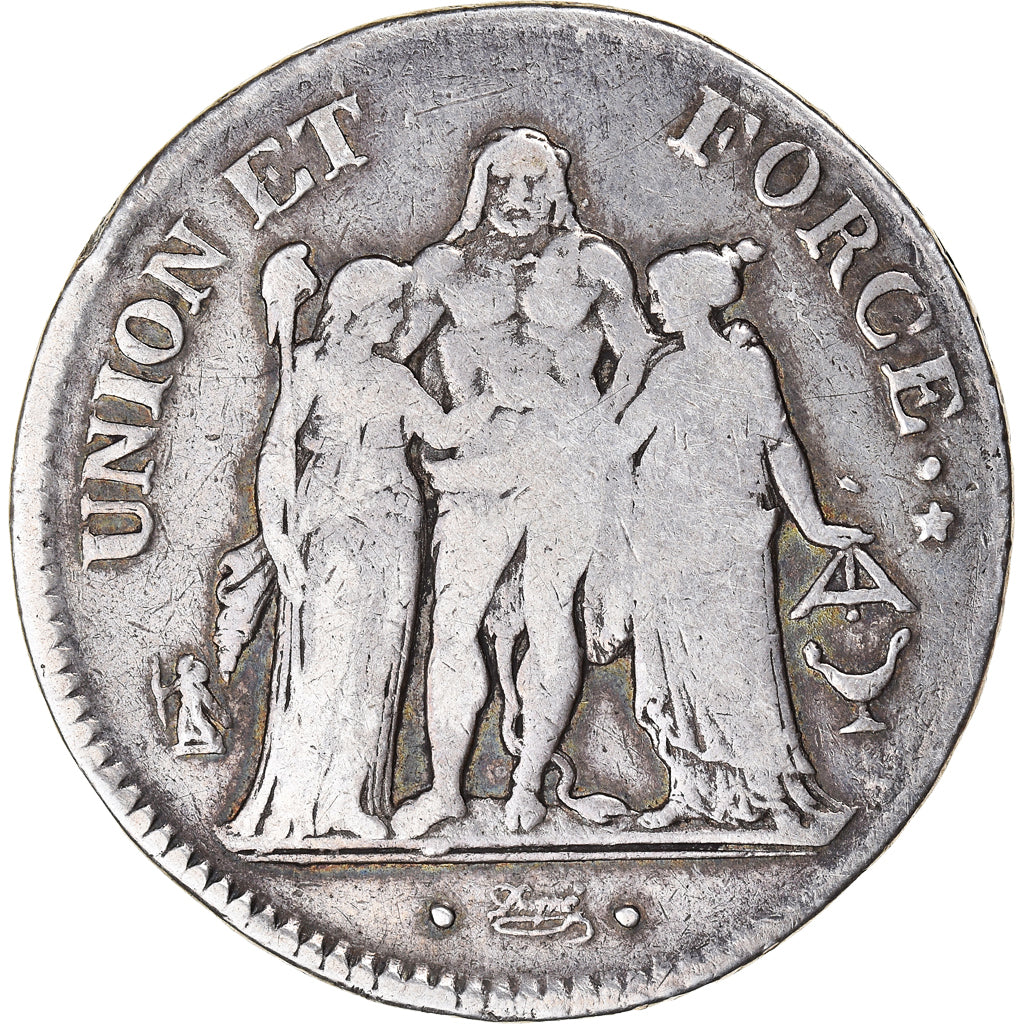 Moneta, Francia, Union et Force, 5 Francs, An 10, Bordeaux, MB+, Argento