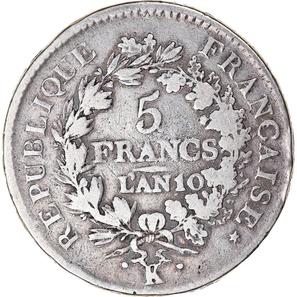 Moneta, Francia, Union et Force, 5 Francs, An 10, Bordeaux, MB+, Argento