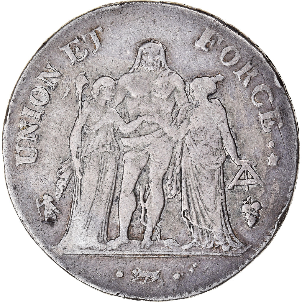 Moneda, Francia, Union et Force, 5 Francs, AN 8, Perpignan, MBC, Plata