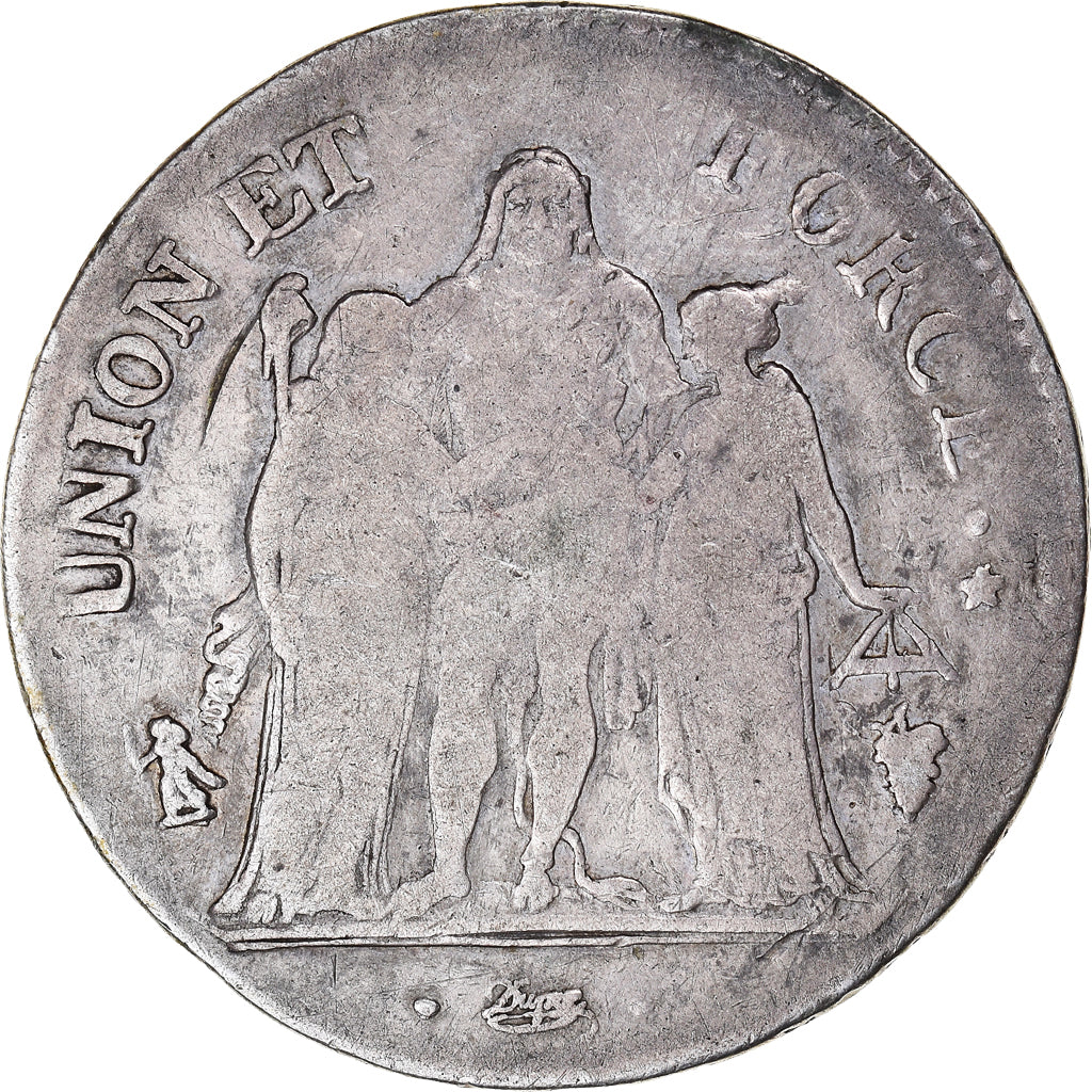 Moneda, Francia, Union et Force, 5 Francs, AN 8, Perpignan, BC+, Plata