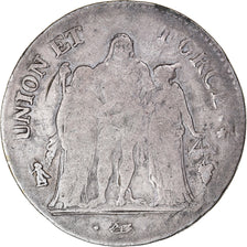 Moneda, Francia, Union et Force, 5 Francs, AN 8, Perpignan, BC+, Plata