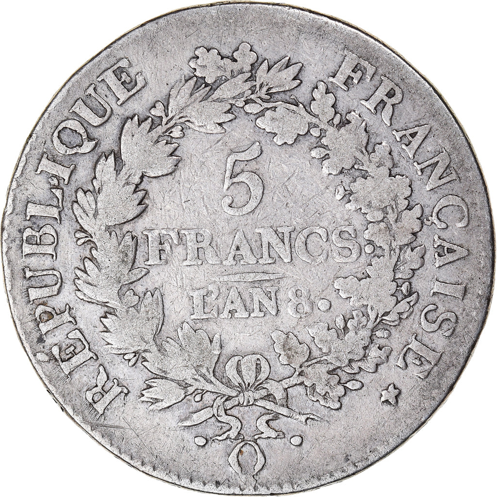 Moneda, Francia, Union et Force, 5 Francs, AN 8, Perpignan, BC+, Plata
