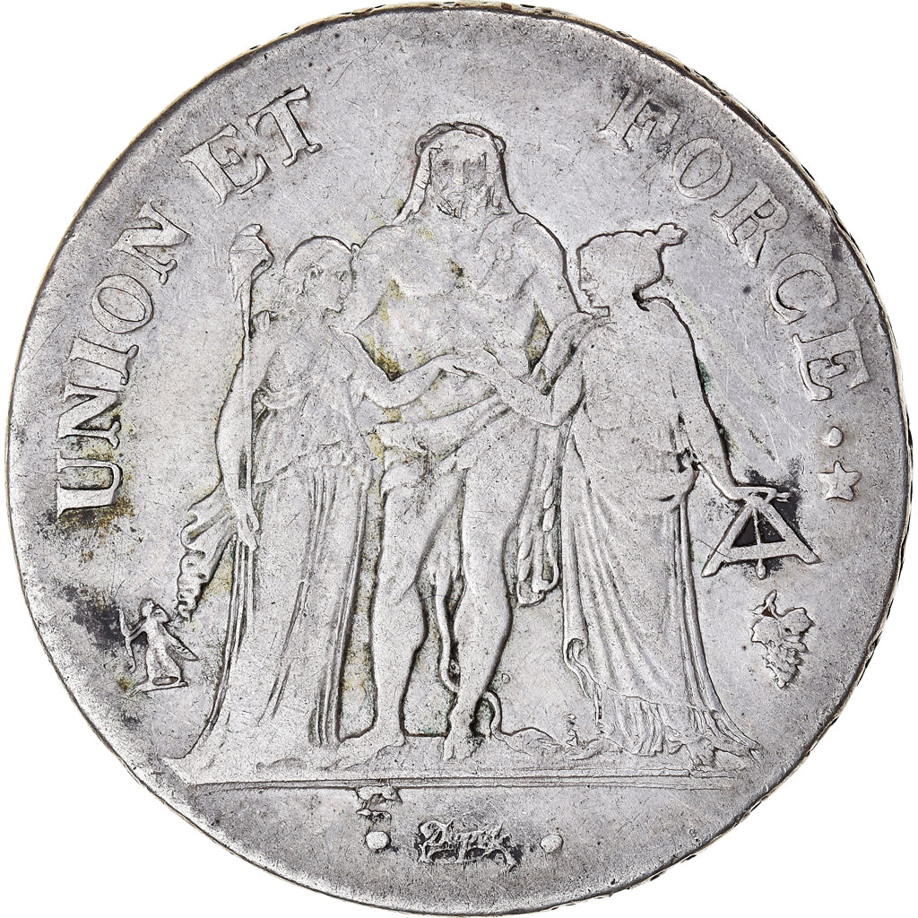 Coin, France, Union et Force, 5 Francs, AN 8, Perpignan, EF(40-45), Silver