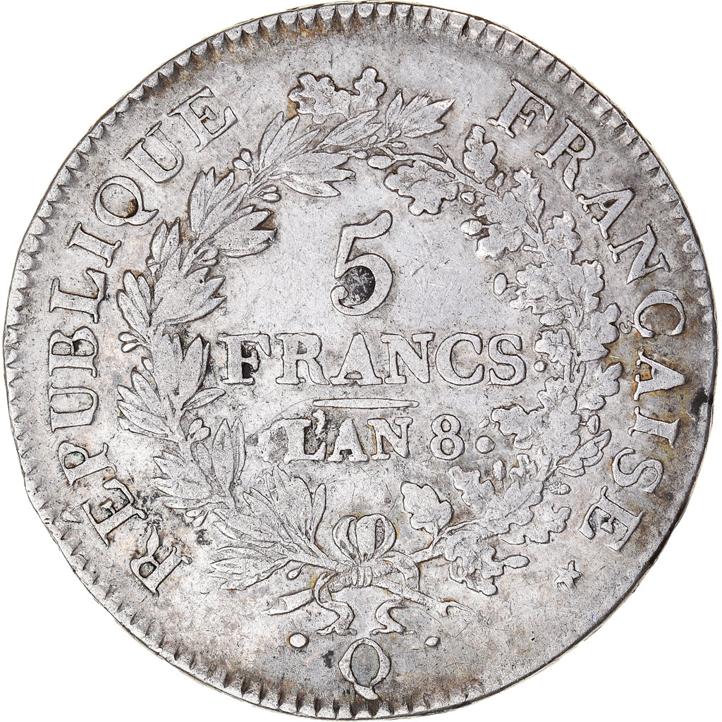 Coin, France, Union et Force, 5 Francs, AN 8, Perpignan, EF(40-45), Silver