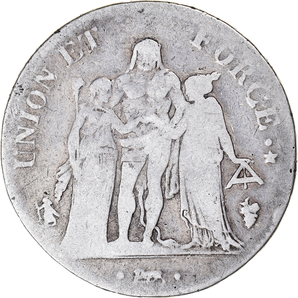 Moneda, Francia, Union et Force, 5 Francs, AN 7, Perpignan, BC+, Plata