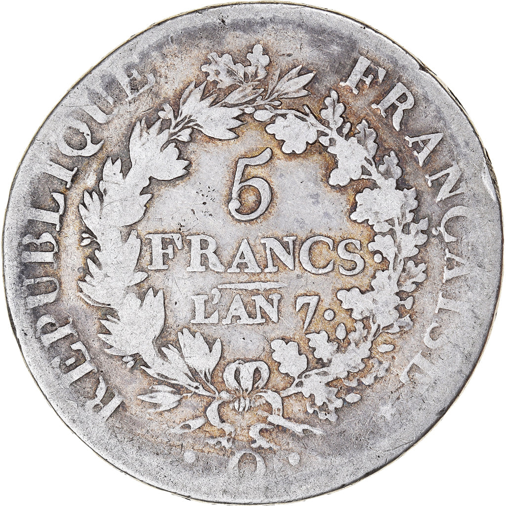 Moneda, Francia, Union et Force, 5 Francs, AN 7, Perpignan, BC+, Plata