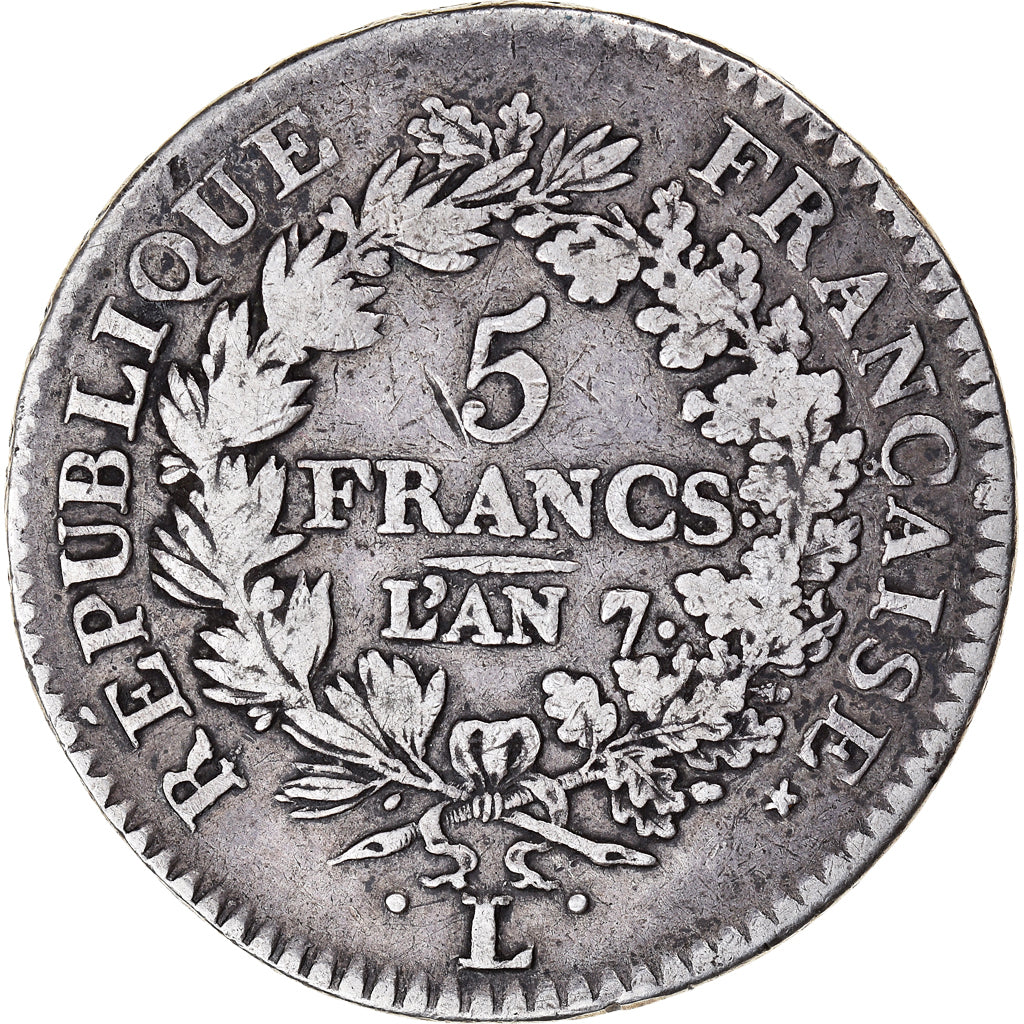 Münze, Frankreich, Union et Force, 5 Francs, AN 7, Bayonne, S+, Silber