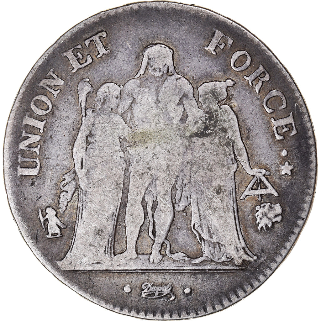 Munten, Frankrijk, Union et Force, 5 Francs, AN 7, Bayonne, FR+, Zilver