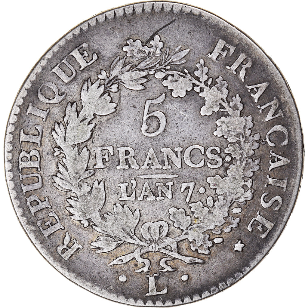 Munten, Frankrijk, Union et Force, 5 Francs, AN 7, Bayonne, FR+, Zilver