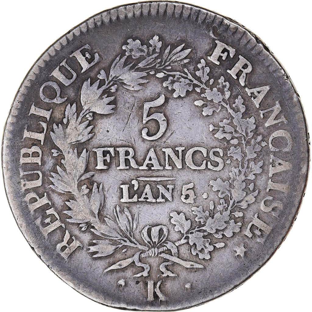 Munten, Frankrijk, Union et Force, 5 Francs, an 5/4, Bordeaux, FR+, Zilver