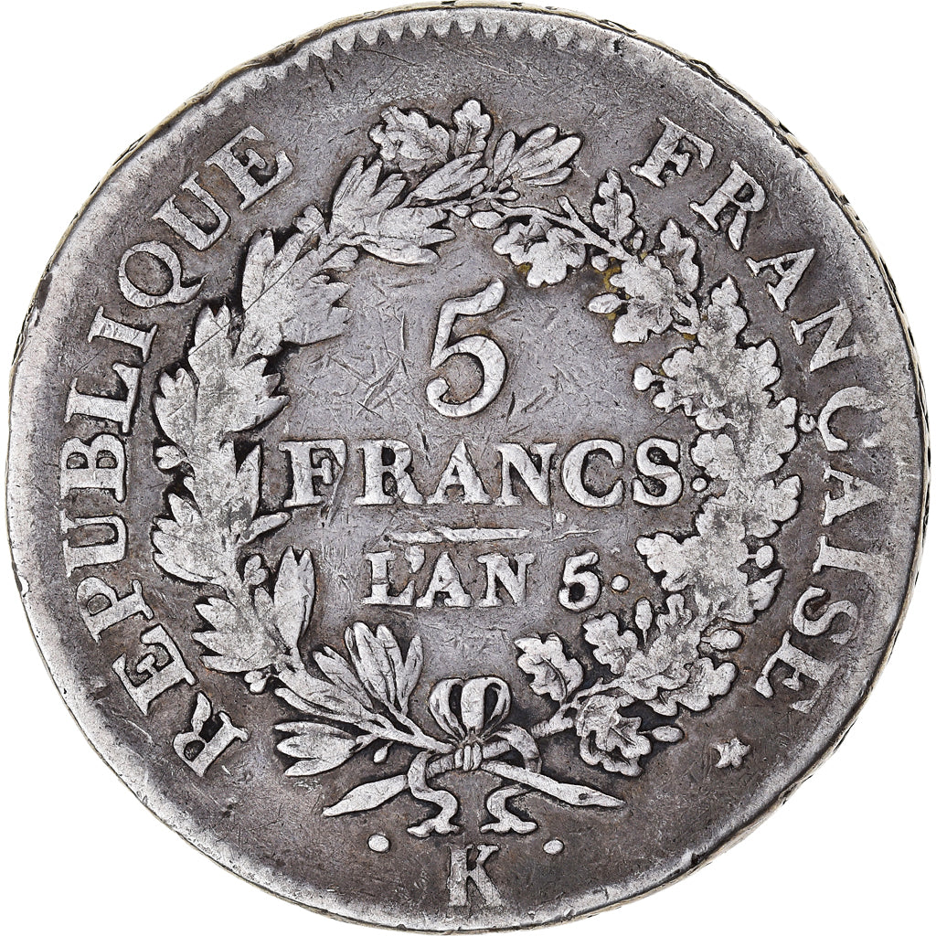 Coin, France, Union et Force, 5 Francs, AN 5, Bordeaux, VF(20-25), Silver
