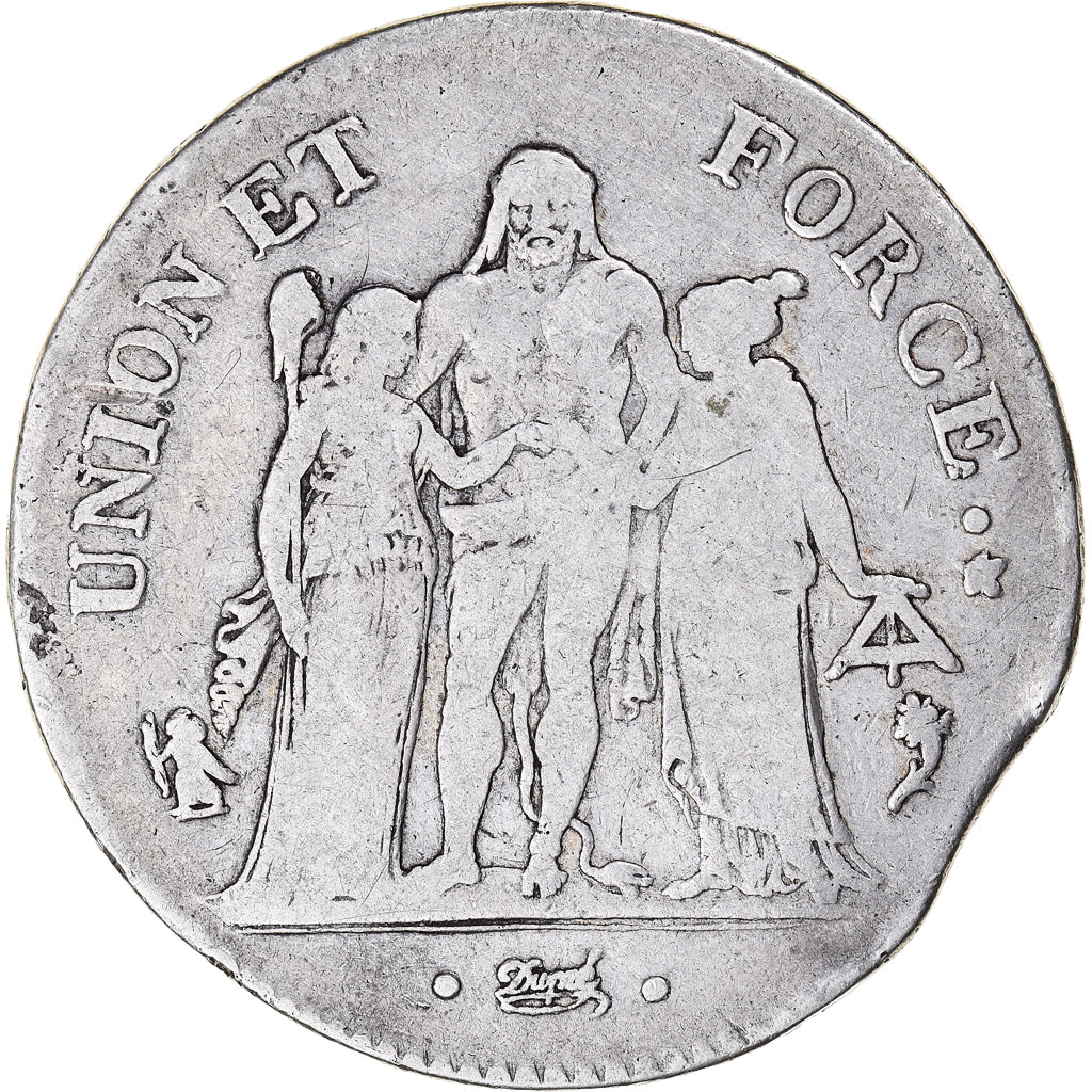 Munten, Frankrijk, Union et Force, 5 Francs, AN 5, Paris, Clipped, FR+, Zilver