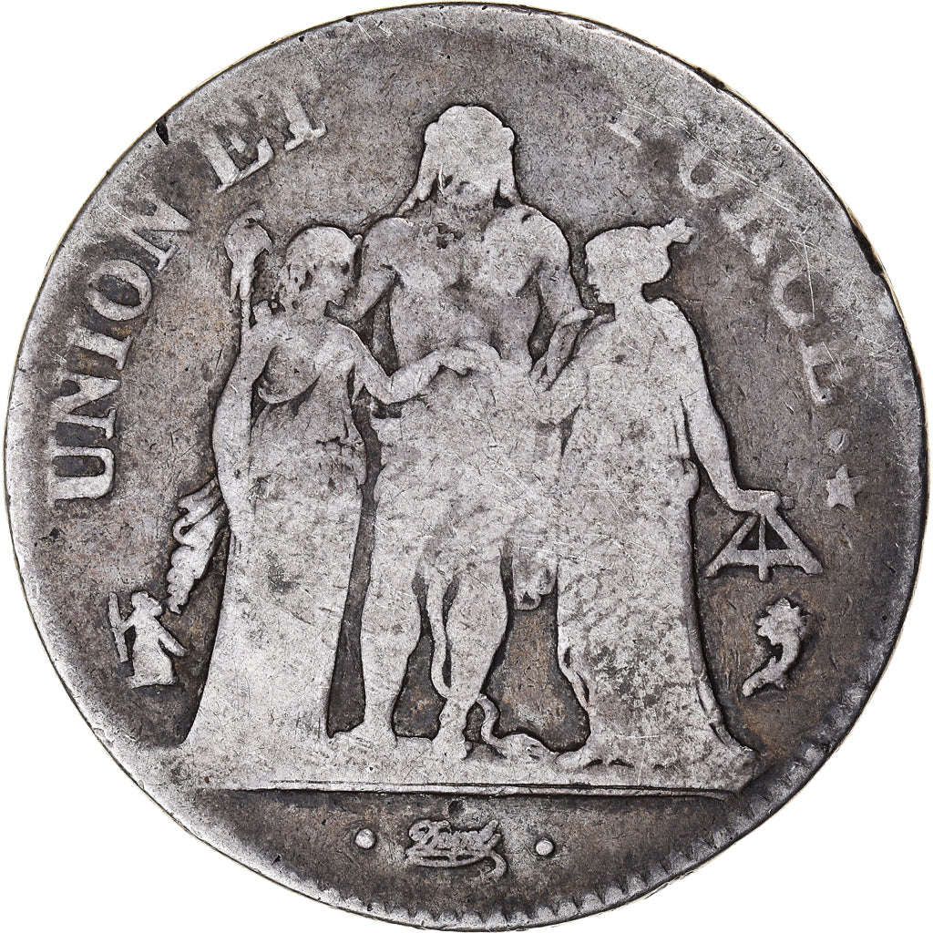Moneta, Francia, Union et Force, 5 Francs, AN 4, Paris, B+, Argento, KM:639.1