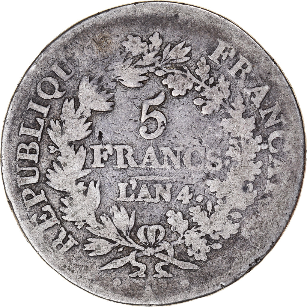 Moneta, Francia, Union et Force, 5 Francs, AN 4, Paris, B+, Argento, KM:639.1