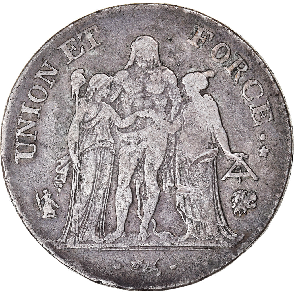 Munten, Frankrijk, Union et Force, 5 Francs, AN 7 (L/A), Bayonne, ZF, Zilver