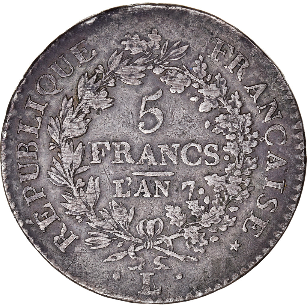 Munten, Frankrijk, Union et Force, 5 Francs, AN 7 (L/A), Bayonne, ZF, Zilver