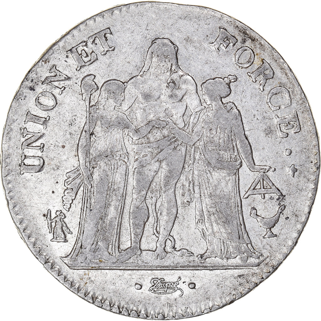 Moneta, Francia, Union et Force, 5 Francs, An 10, Bordeaux, MB+, Argento