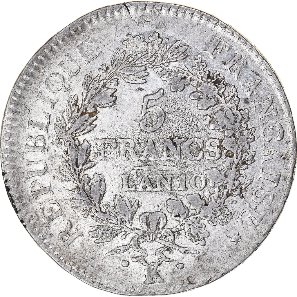 Moneta, Francia, Union et Force, 5 Francs, An 10, Bordeaux, MB+, Argento