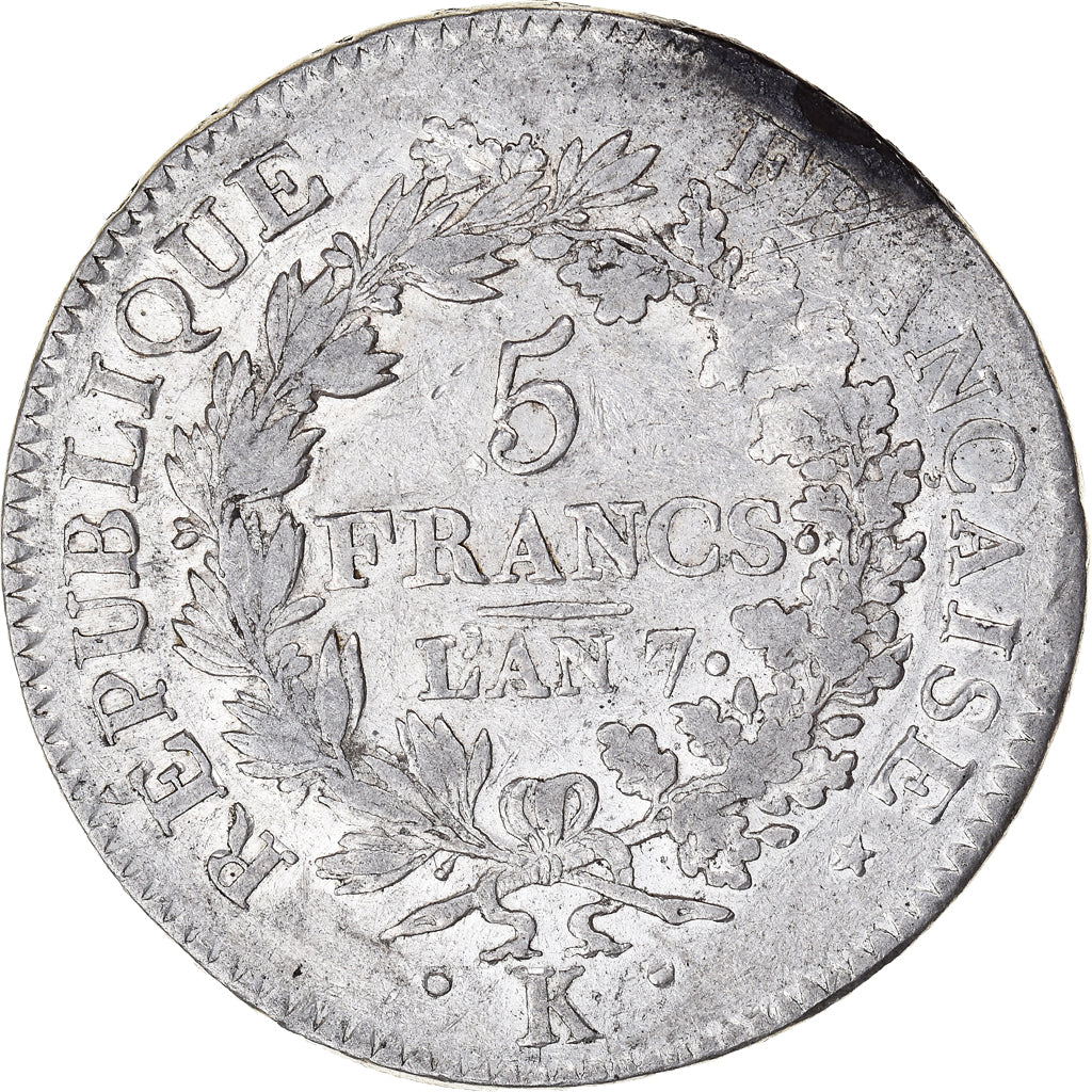 Coin, France, Union et Force, 5 Francs, AN 7, Bordeaux, VF(30-35), Silver