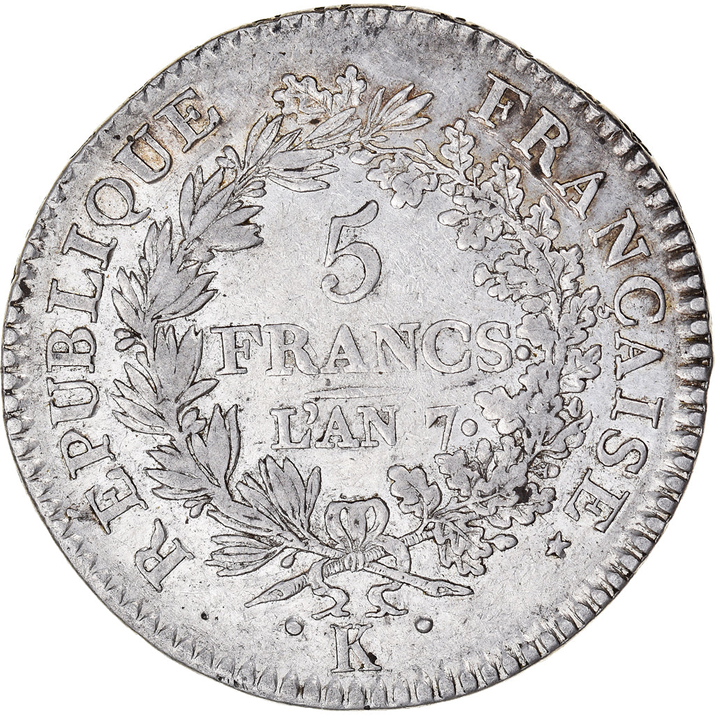 Moneta, Francia, Union et Force, 5 Francs, AN 7, Bordeaux, BB, Argento