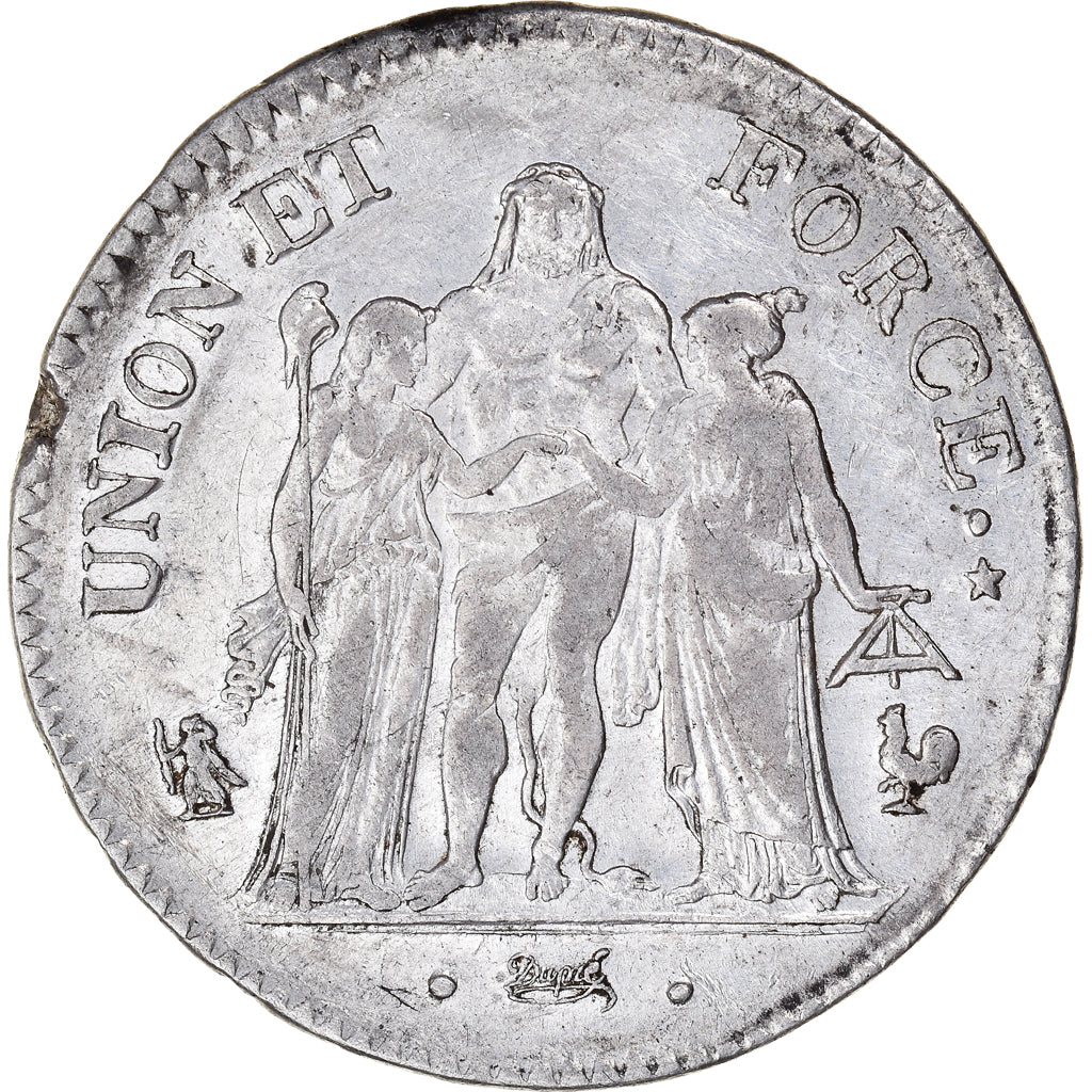 Moneta, Francia, Union et Force, 5 Francs, AN 7, Paris, MB+, Argento, KM:639.1
