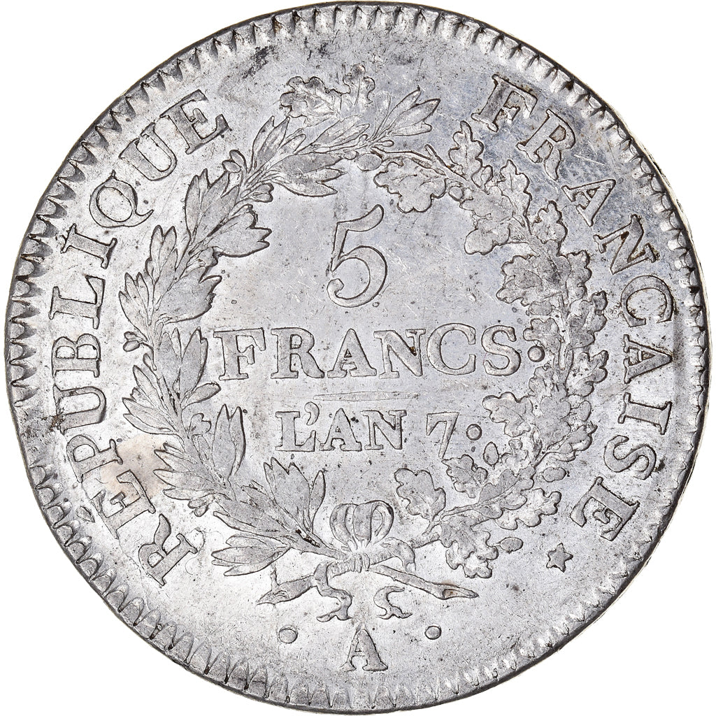 Moneta, Francia, Union et Force, 5 Francs, AN 7, Paris, MB+, Argento, KM:639.1