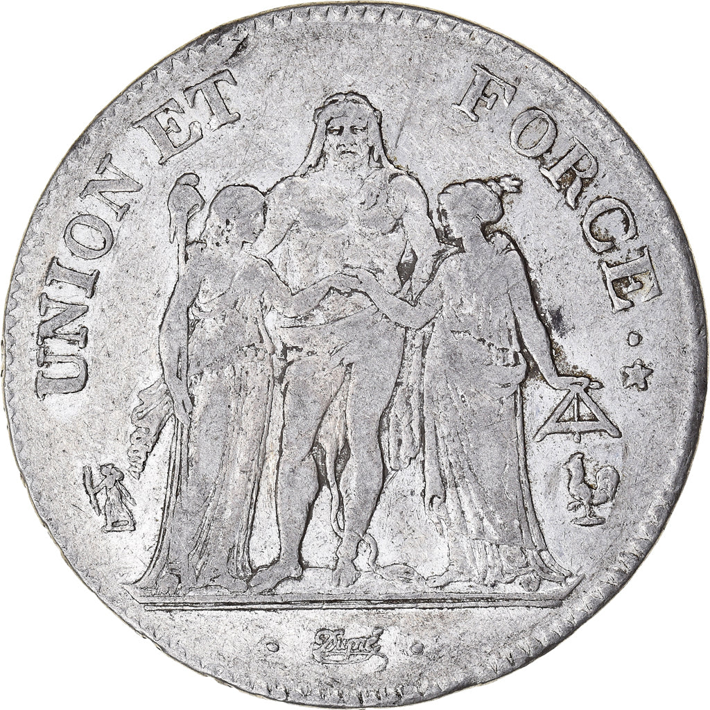 Moneta, Francia, Union et Force, 5 Francs, AN 6, Paris, MB+, Argento, KM:639.1