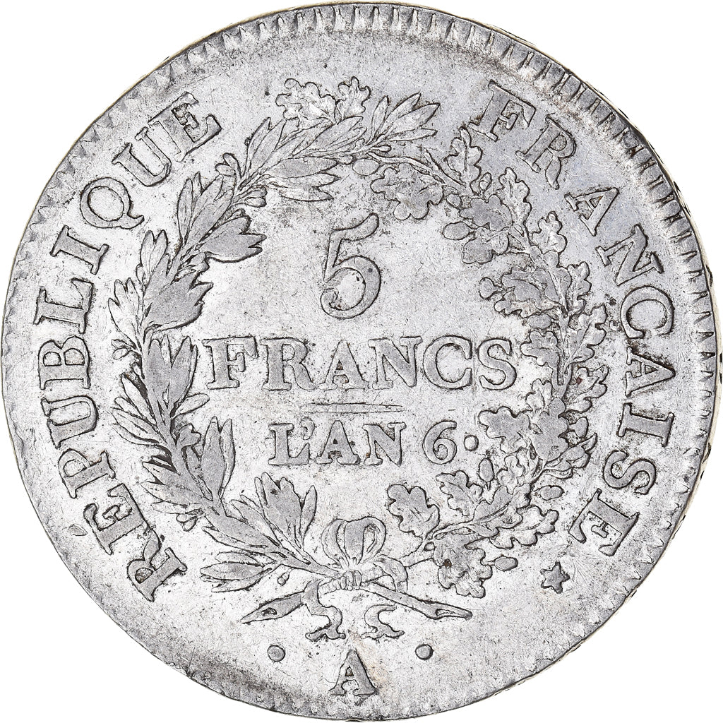 Moneta, Francia, Union et Force, 5 Francs, AN 6, Paris, MB+, Argento, KM:639.1