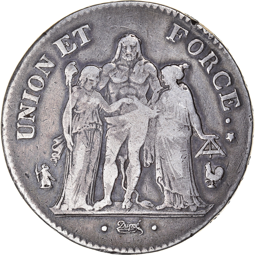 Moneta, Francia, Union et Force, 5 Francs, An 6/5, Paris, MB+, Argento