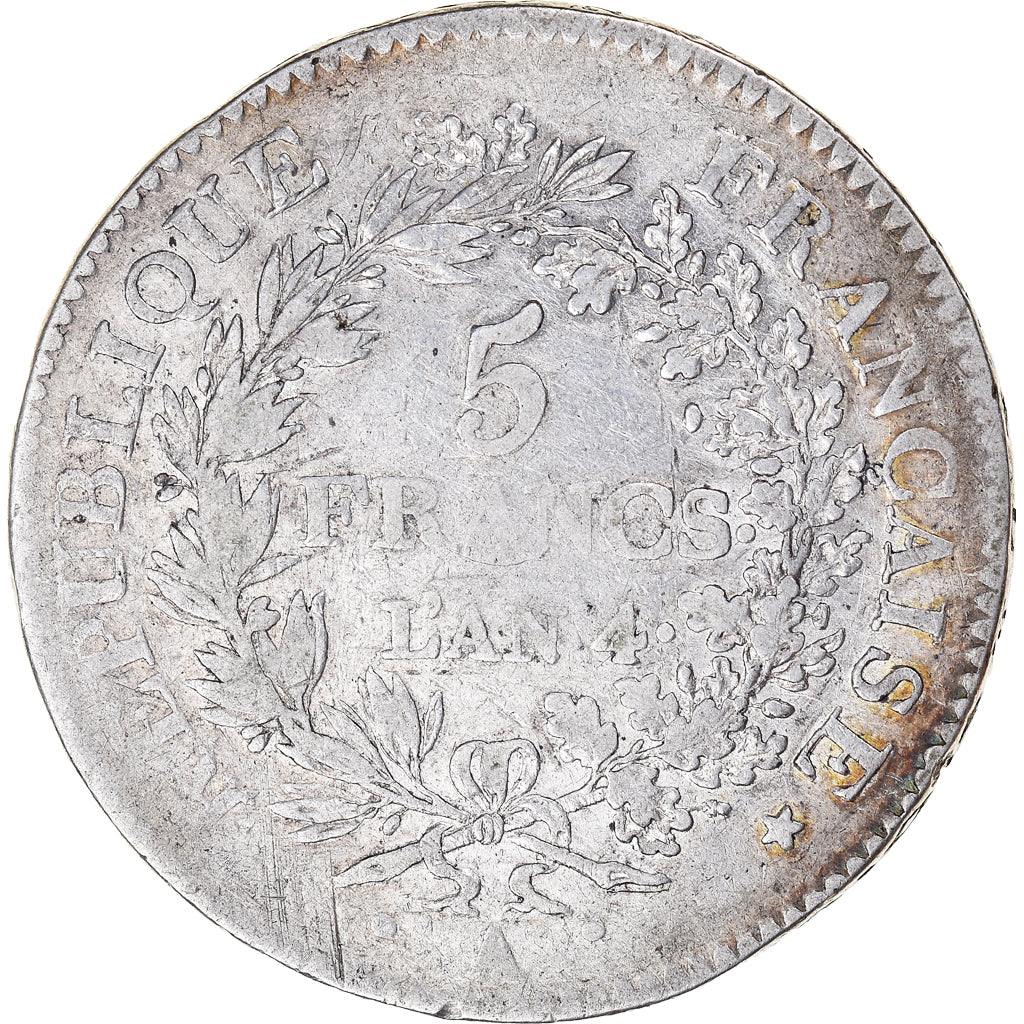 Moneta, Francia, Union et Force, 5 Francs, AN 4, Paris, MB+, Argento, KM:639.1