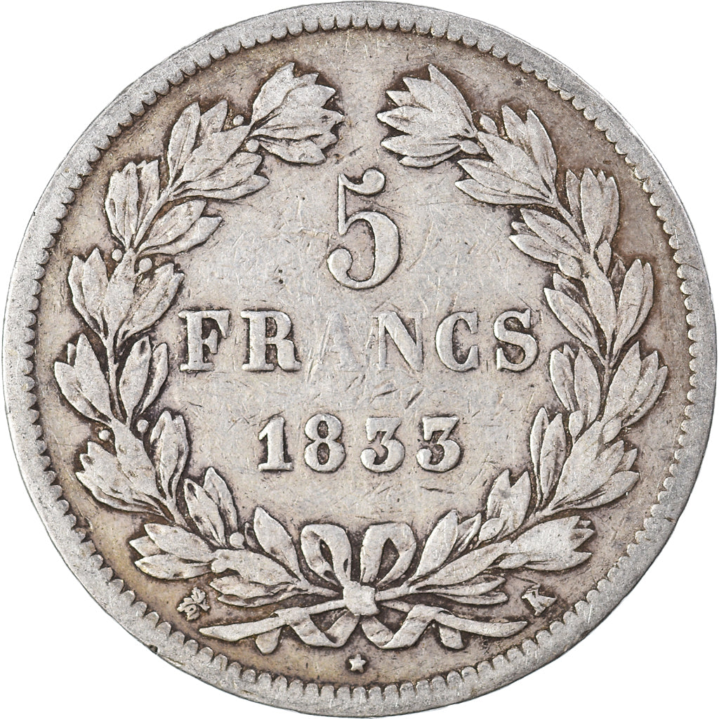 Moneta, Francia, Louis-Philippe, 5 Francs, 1833, Bordeaux, MB, Argento