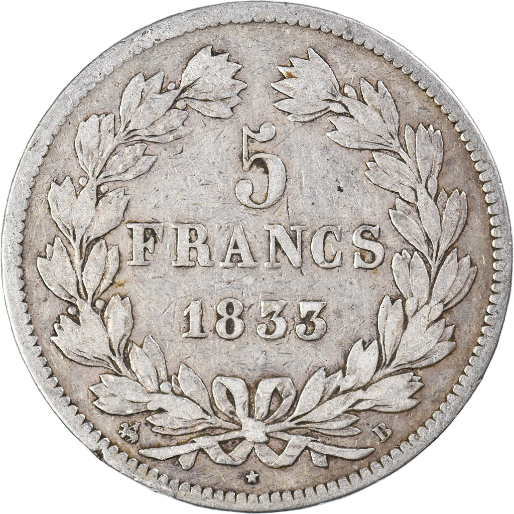 Moneda, Francia, Louis-Philippe, 5 Francs, 1833, Rouen, BC+, Plata, KM:749.2