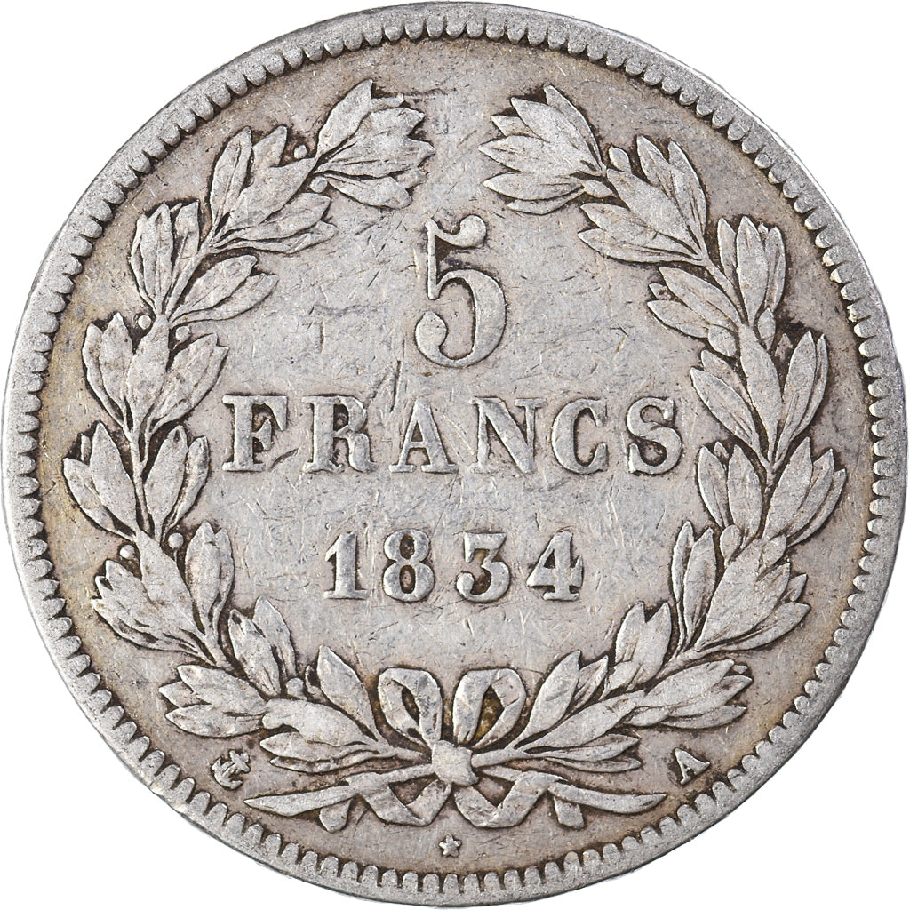 Coin, France, Louis-Philippe, 5 Francs, 1834, Paris, VF(20-25), Silver
